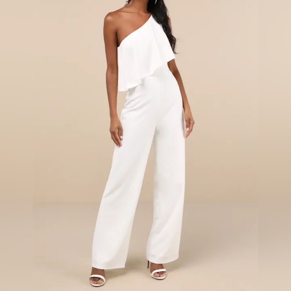 Lulus Pants - Lulus Flawless Vibes White One-Shoulder Tiered Wide-Leg Jumpsuit, Size Medium